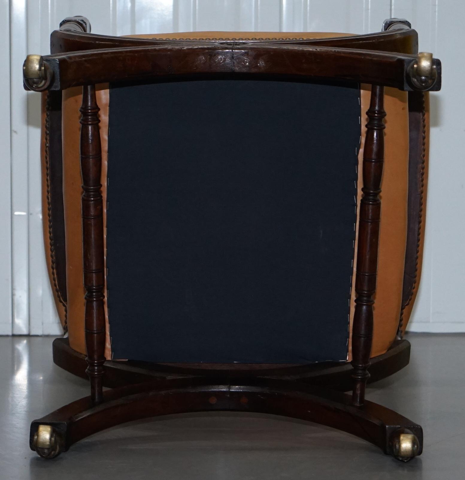 Lovely Mid Victorian Tan Brown Leather Open Armchair Walnut Frame Brass Castors 12