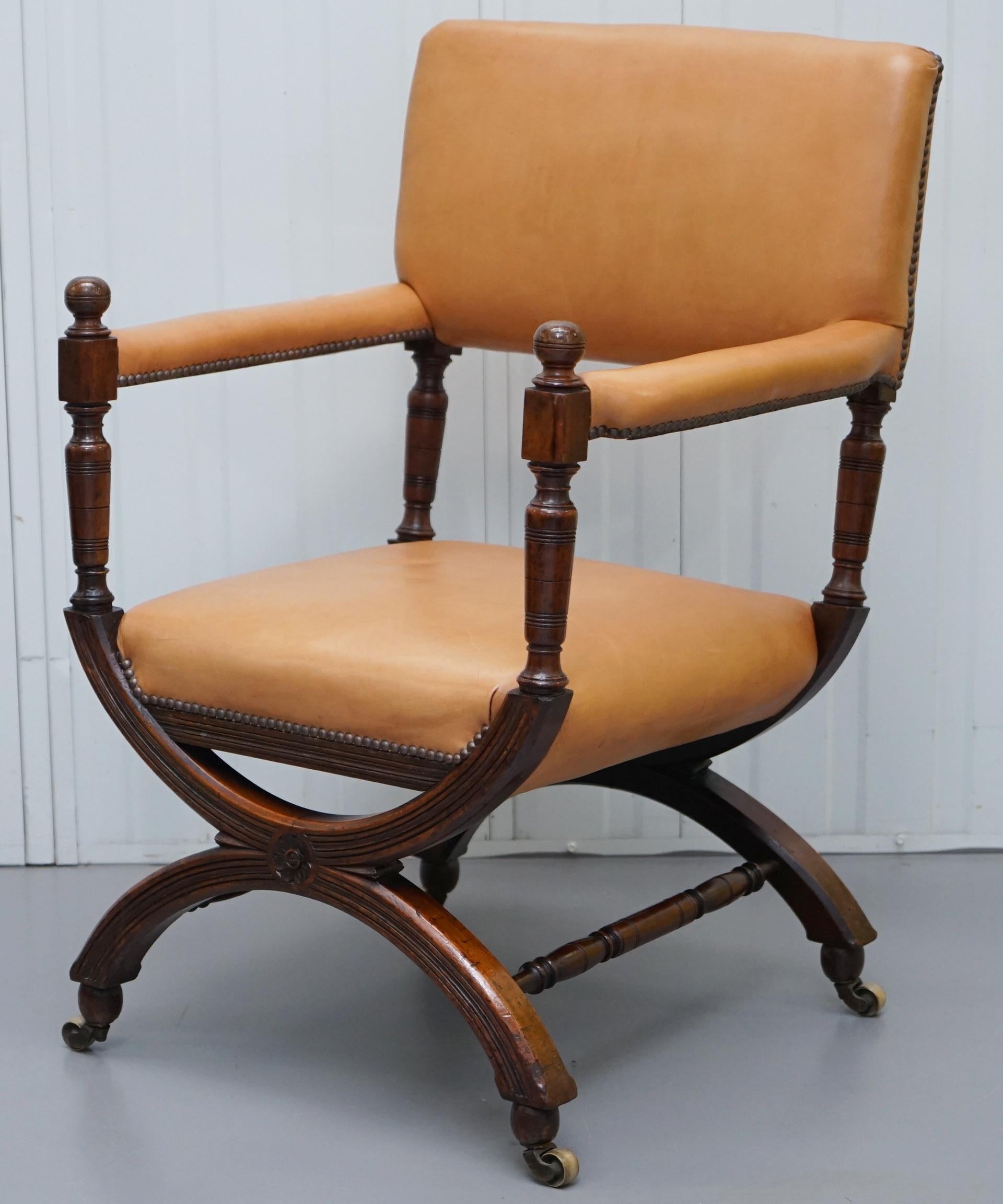 English Lovely Mid Victorian Tan Brown Leather Open Armchair Walnut Frame Brass Castors