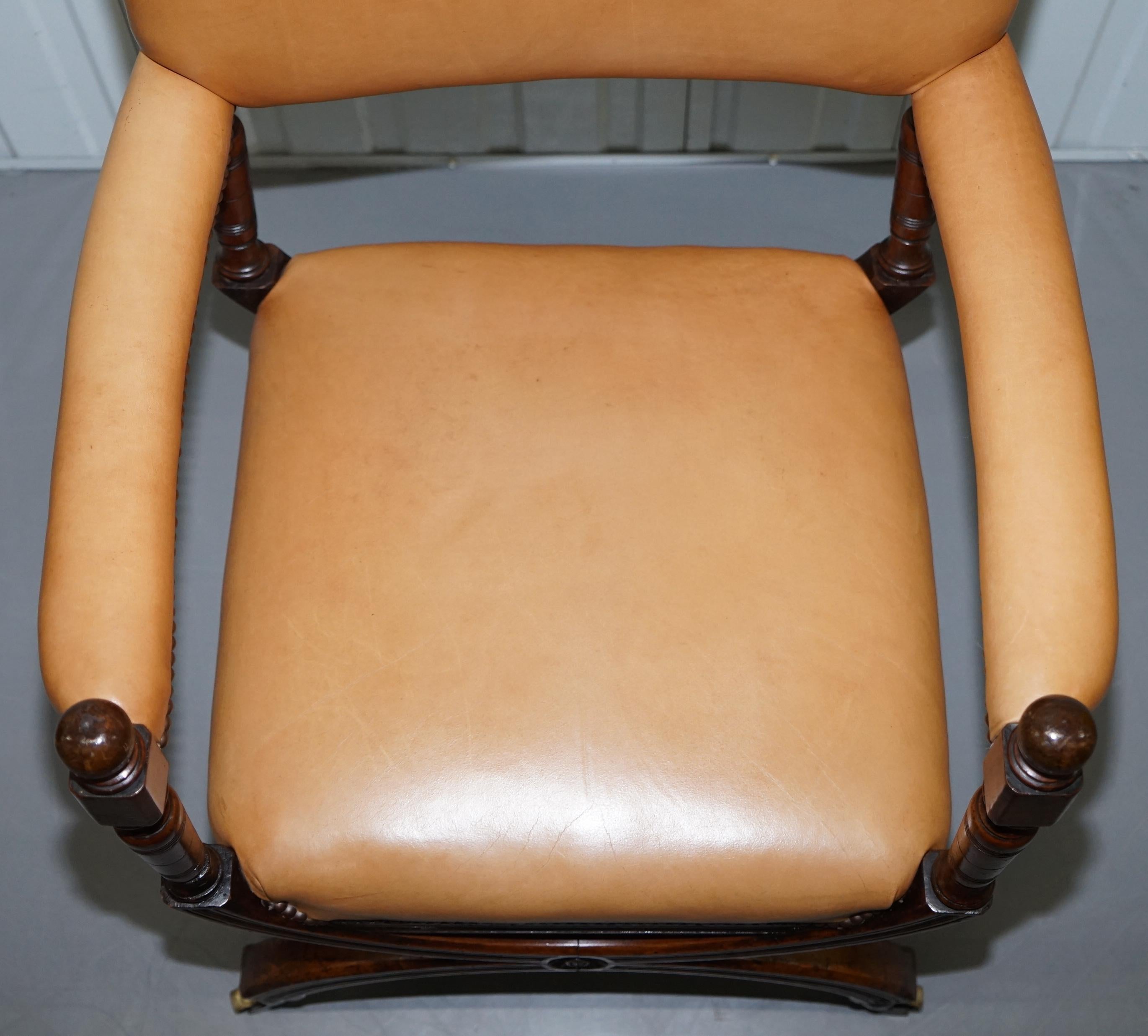 19th Century Lovely Mid Victorian Tan Brown Leather Open Armchair Walnut Frame Brass Castors