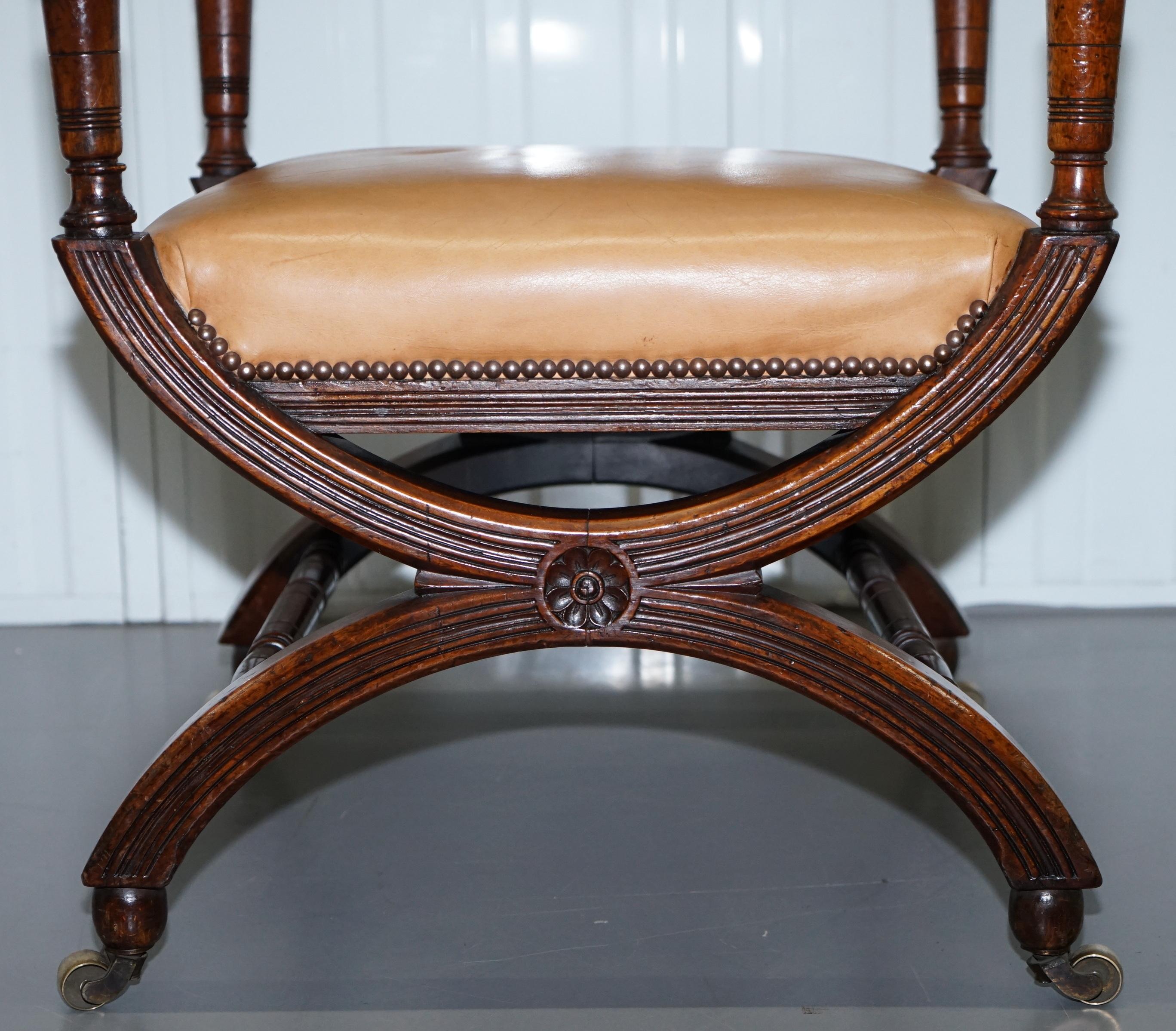 Lovely Mid Victorian Tan Brown Leather Open Armchair Walnut Frame Brass Castors 2