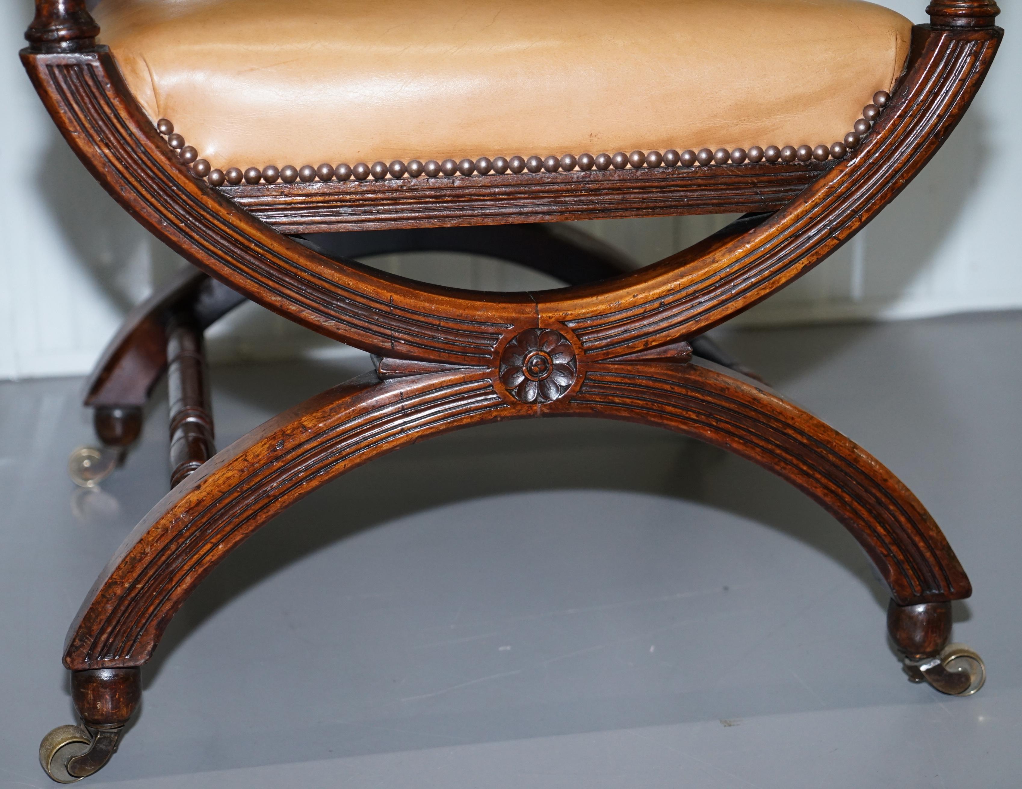 Lovely Mid Victorian Tan Brown Leather Open Armchair Walnut Frame Brass Castors 3