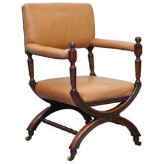 Antique Lovely Mid Victorian Tan Brown Leather Open Armchair Walnut Frame Brass Castors