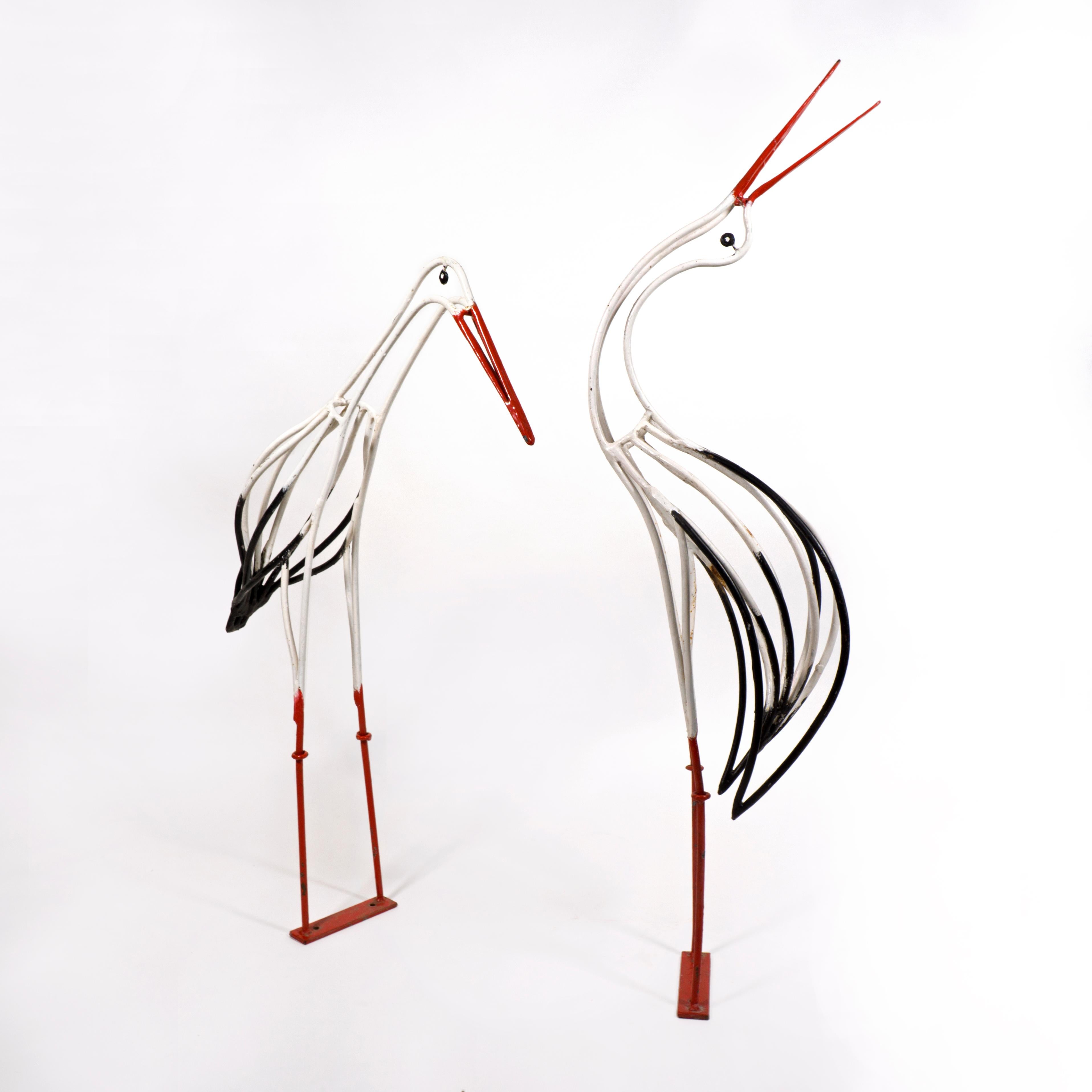 European Lovely Midcentury Life-size Pair of 1950s Wrought Iron Stork Sculptures For Sale