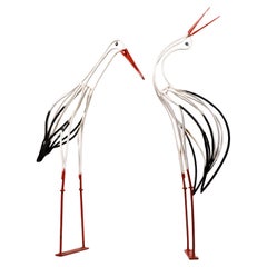 Midcentury Life-size Pair of 1950s Wrought Iron Bird Stork Outdoor Sculptures