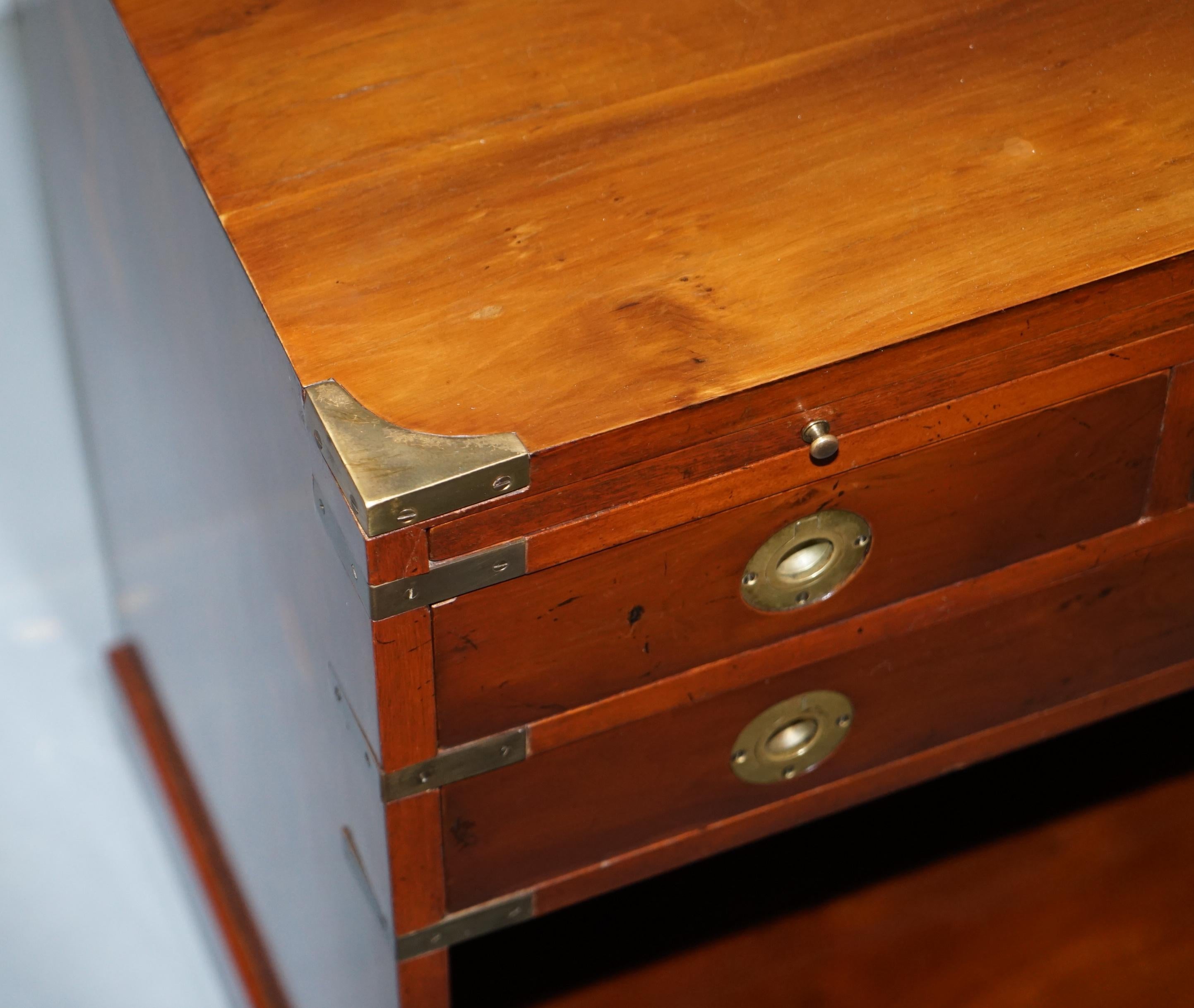 20th Century Lovely Military Campaign Small Drawers Burr Yew Wood Green Leather Butlers Tray