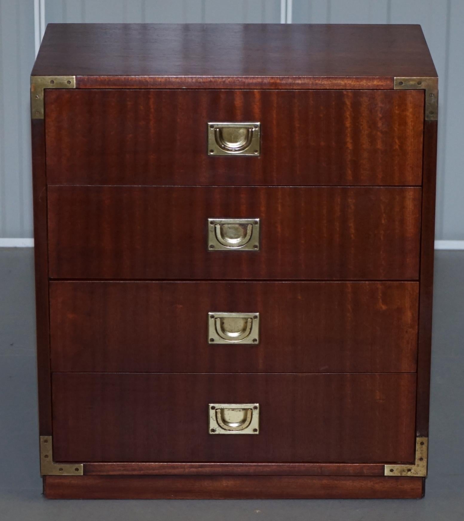 We are delighted to offer for sale this nice good sized Military Campaign style chest of drawers

These are a large side table side so great for a lamp, glass of wine and or your nick knacks

It has been cleaned waxed and polished there will be