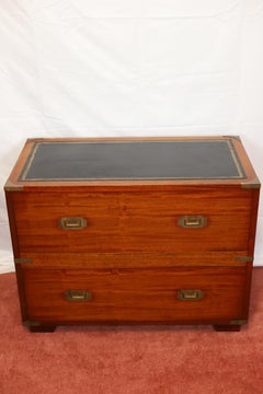 Lovely Military Campaign Style Leather Top Two Drawers Chest