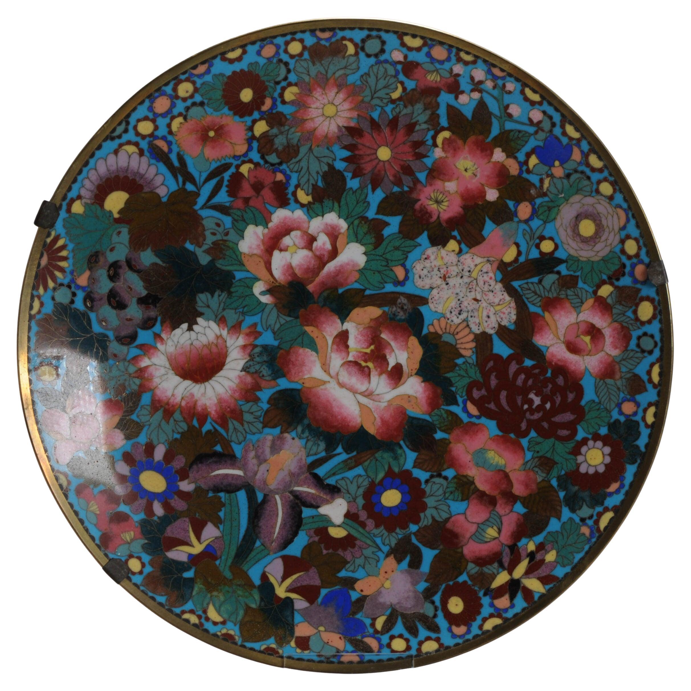 Lovely Millefiori Antique Japanese Wall Dish Bronze Flowers Cloisonne, 19th C.