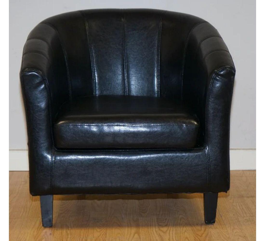 British Lovely Modern Black Faux Leather Tub Chair For Sale