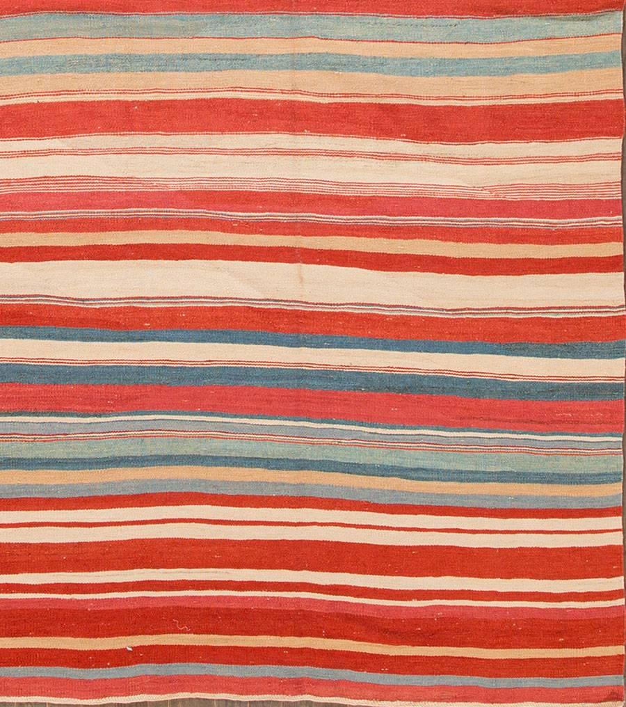 Hand-Woven Lovely Multicolored Striped Modern Kilim Rug, 7.09x11 For Sale
