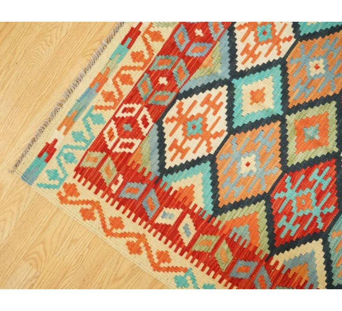 Hand-Knotted Lovely Multicoloured Vintage Geometric Kilim Aztec Rug For Sale