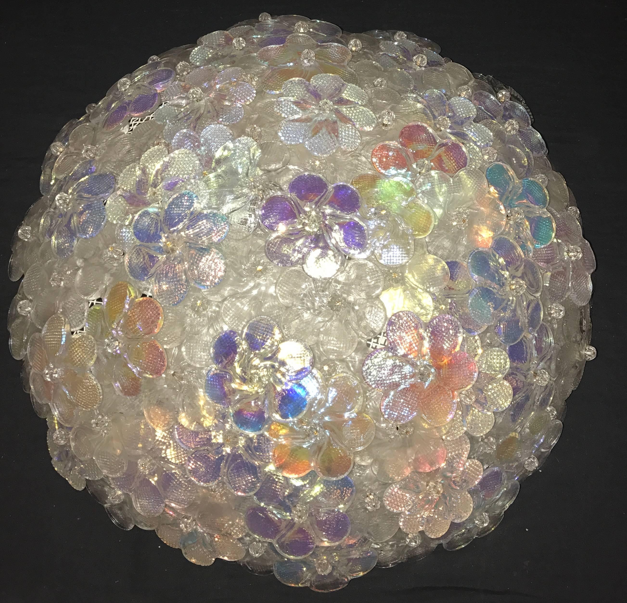 The ceiling lamp is made of dozens of small multi-color iridescent roses in precious Murano glass. Excellent vintage condition.