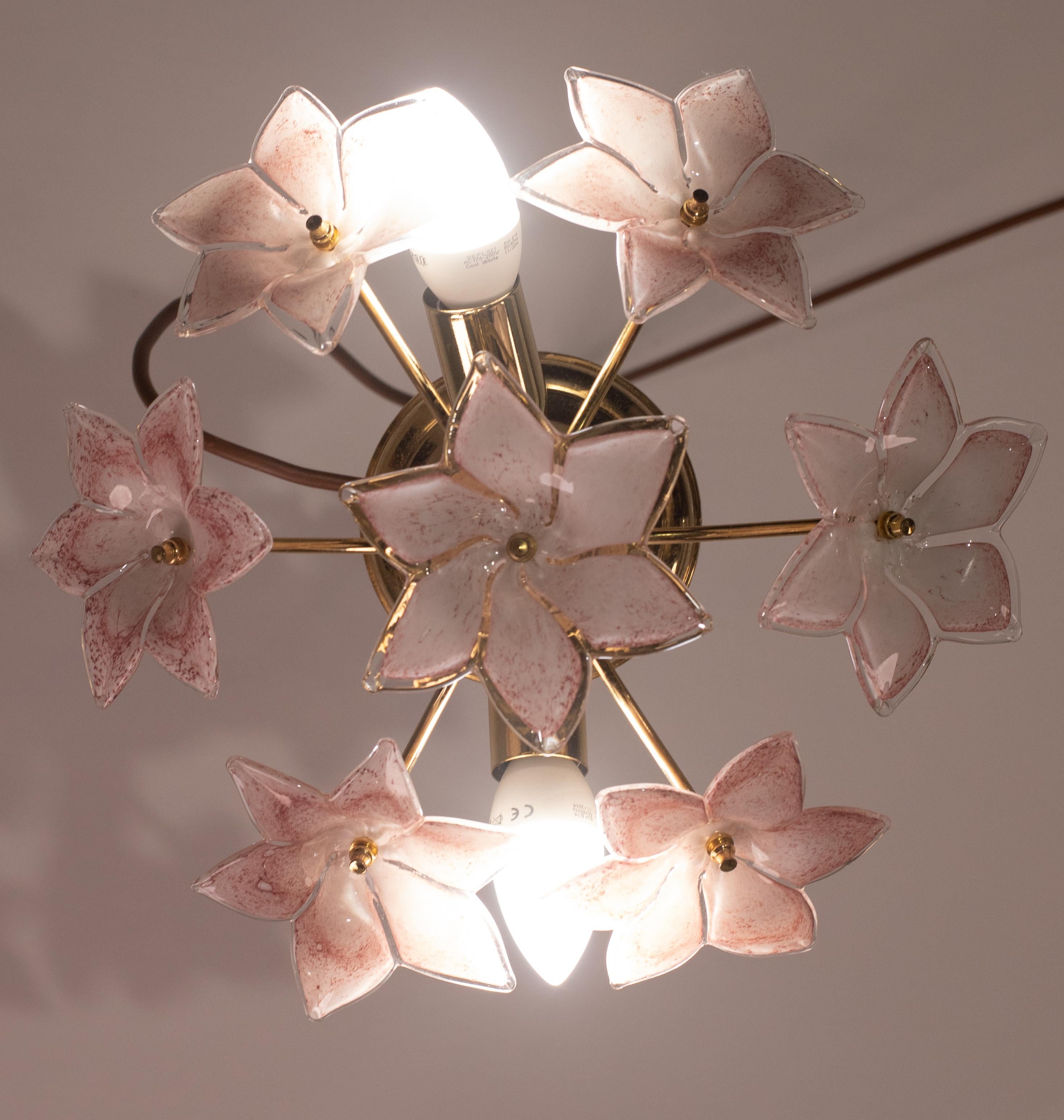 Preciosa lámpara de techo de Murano con flores rosas.
El plafón monta 2 portalámparas con casquillo E14, posiblee de conmutar para Usa.
