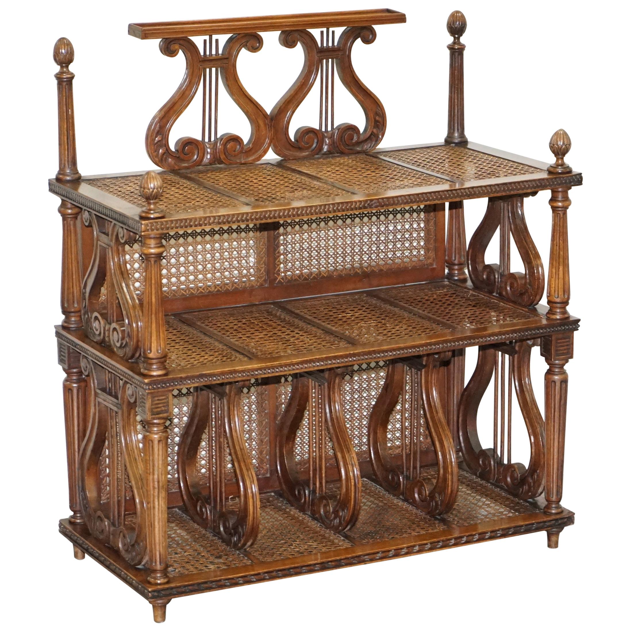 Lovely Musically Inspired French Walnut Étagère Bookcase Whatnot Bergere Rattan For Sale