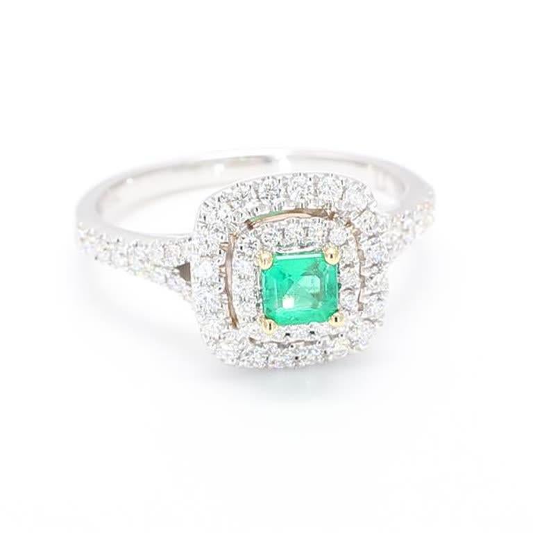 Natural Emerald Cut Emerald and White Diamond .74 Carat TW Gold Cocktail Ring 2