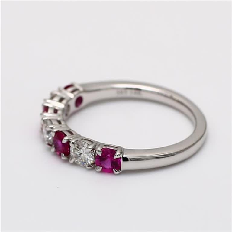 Contemporary Natural Red Round Ruby and White Diamond 1.28 Carat TW White Gold Wedding Band For Sale