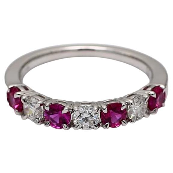 Natural Red Round Ruby and White Diamond 1.28 Carat TW White Gold Wedding Band For Sale