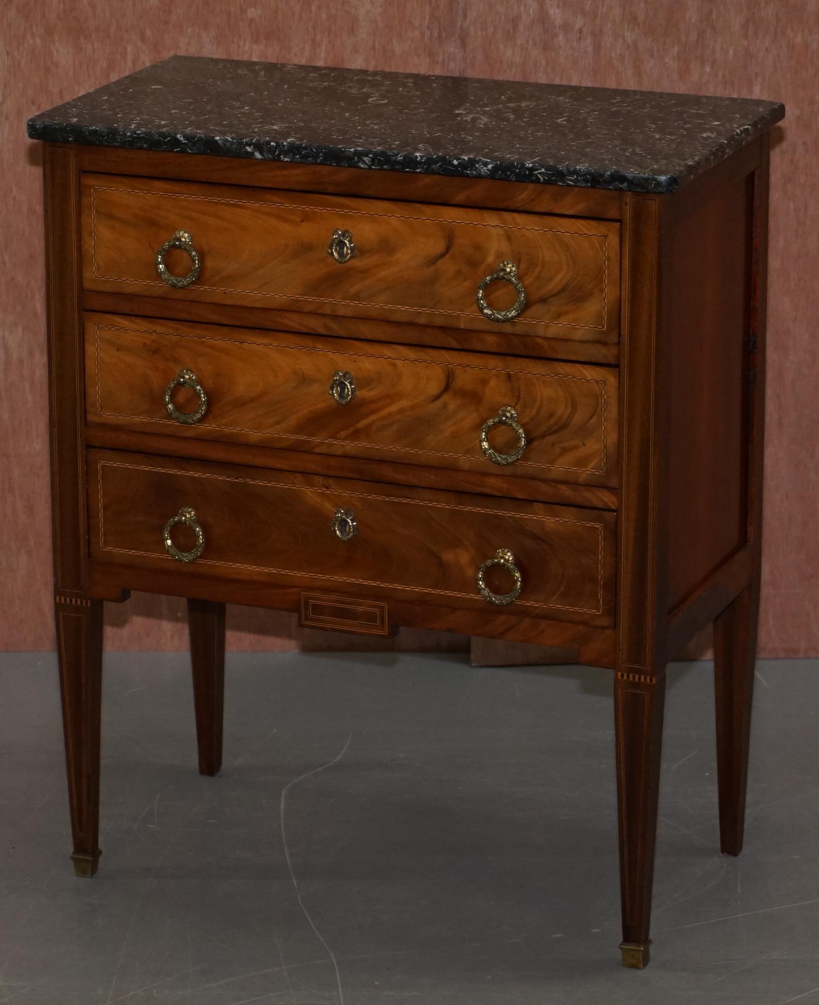 English Lovely Neoclassical Cuban Hardwood Marble Topped Side Tables Chest of Drawers For Sale