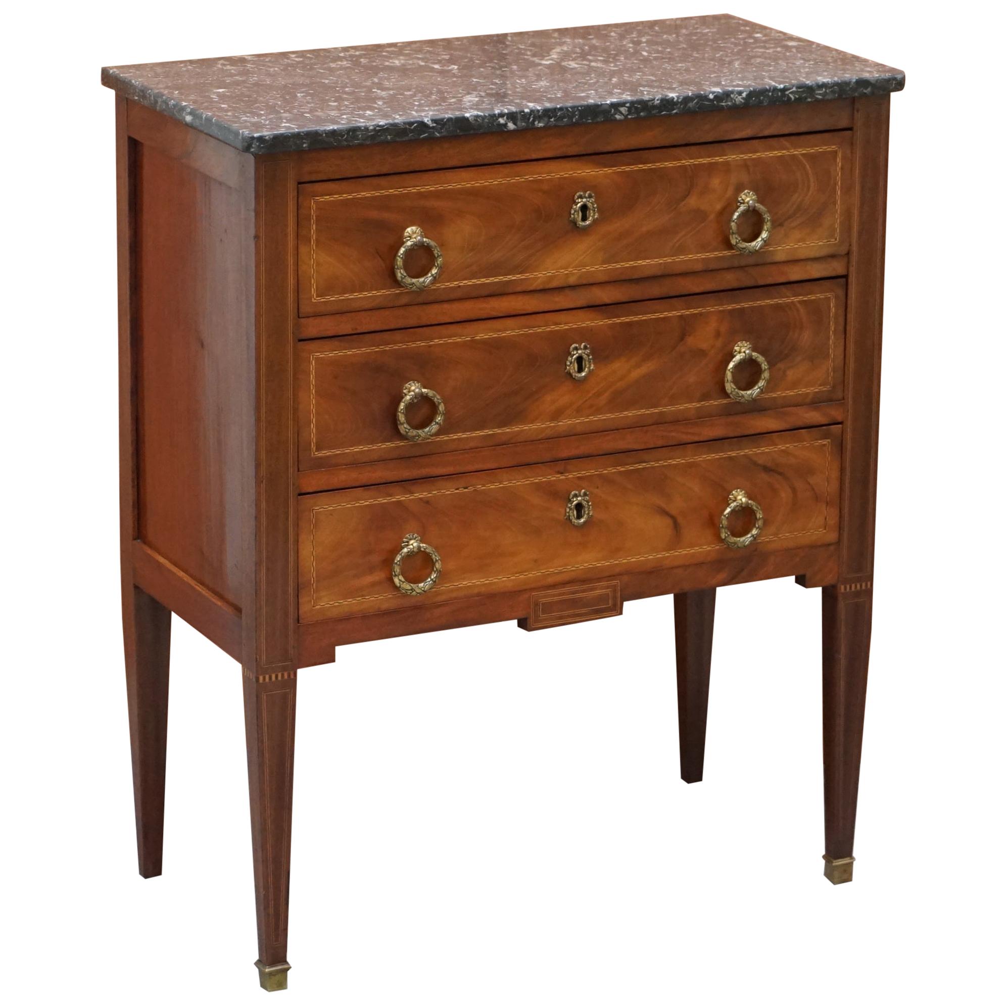 Lovely Neoclassical Cuban Hardwood Marble Topped Side Tables Chest of Drawers