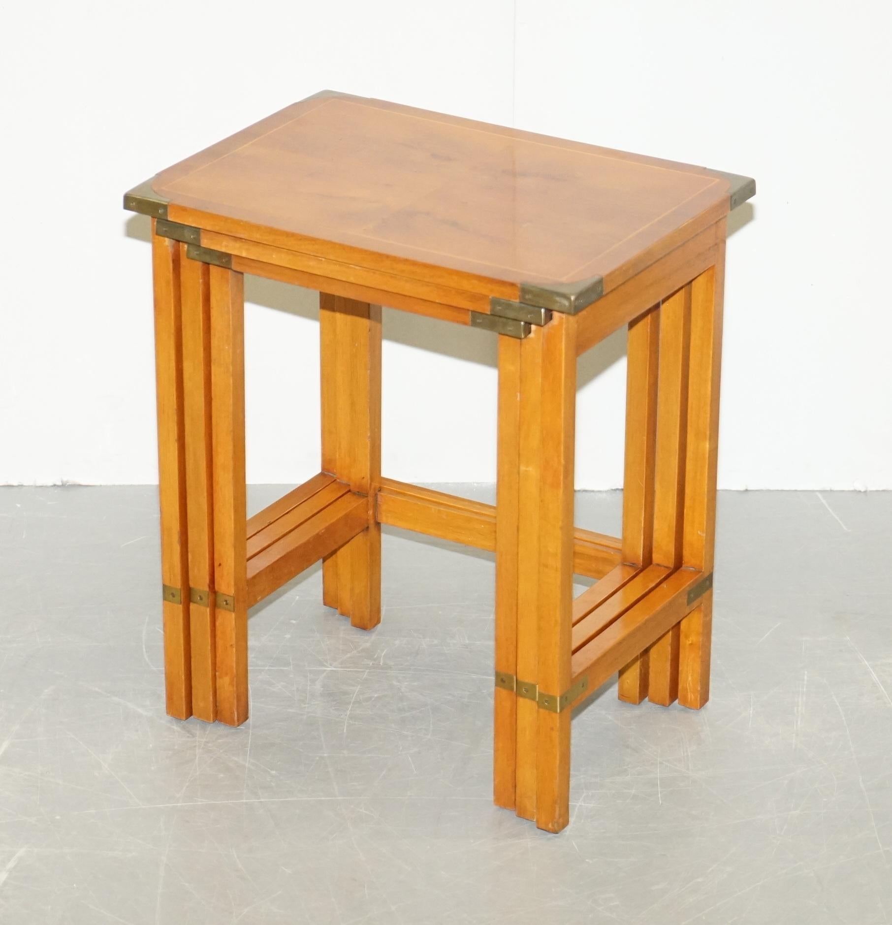We are delighted to this lovely burr yew wood nest of three military campaign side tables

A very good suite of nested tables, I’ve never seen this exact suite before, the timber is rare as is the form

In terms of the condition we have cleaned
