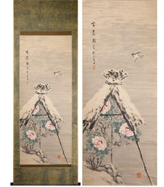 Lovely Nihonga Scene Meiji/Edo Period Scroll Japan Artist Flowers and Snow
