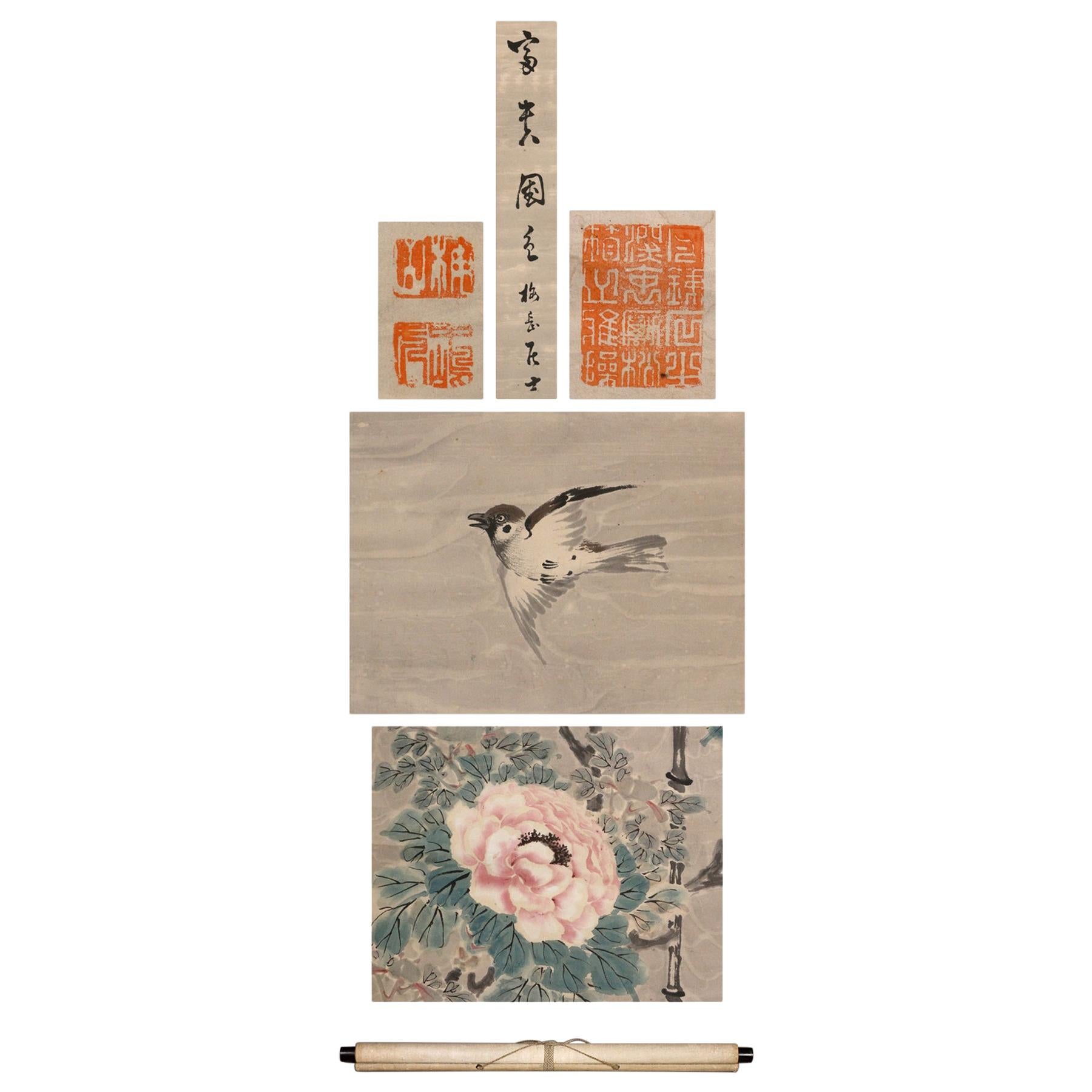 Jolie scène Nihonga Période Meiji/Edo Rouleau de l'artiste japonais Fleurs et neige