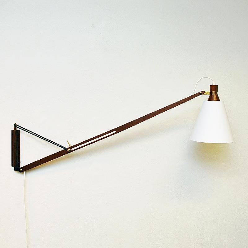 Polished Lovely Norwegian Teak Wall Lamp with White Shade by T. Røste & Co Norway, 1950s
