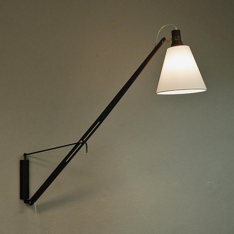 Brass Lovely Norwegian Teak Wall Lamp with White Shade by T. Røste & Co Norway, 1950s