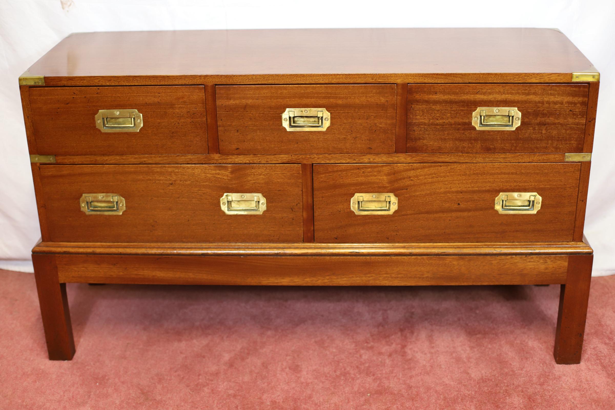 Lovely Oak  And Brass Bound Military Campaign Style Low Chest Of Drawers For Sale 6