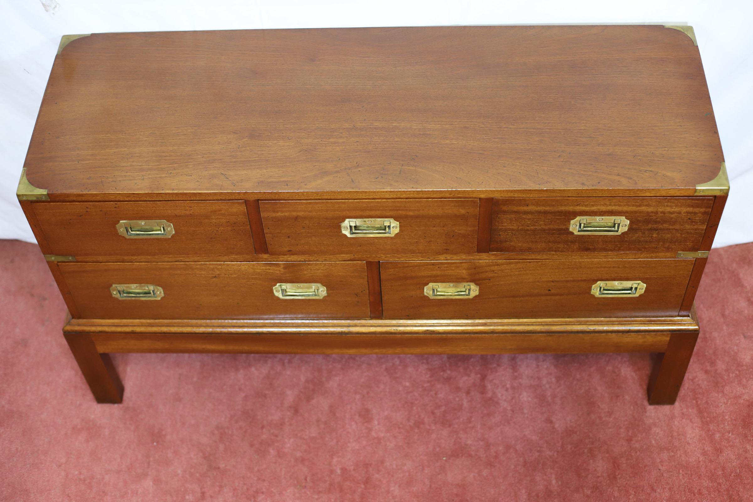 Lovely Oak  And Brass Bound Military Campaign Style Low Chest Of Drawers For Sale 7