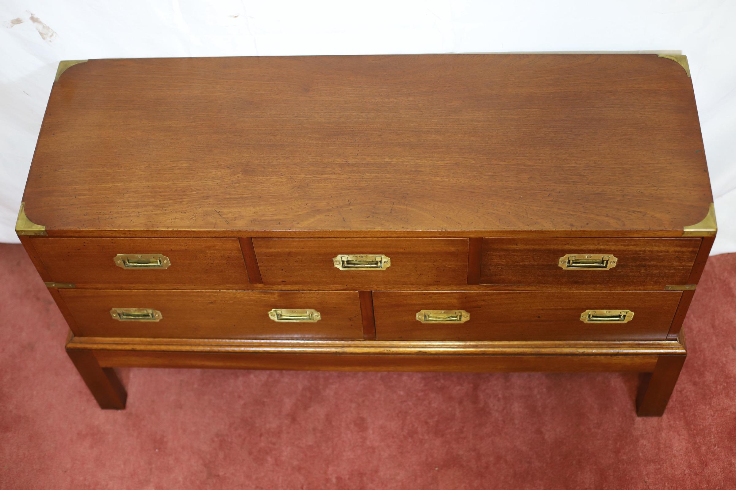 Lovely Oak  And Brass Bound Military Campaign Style Low Chest Of Drawers For Sale 8