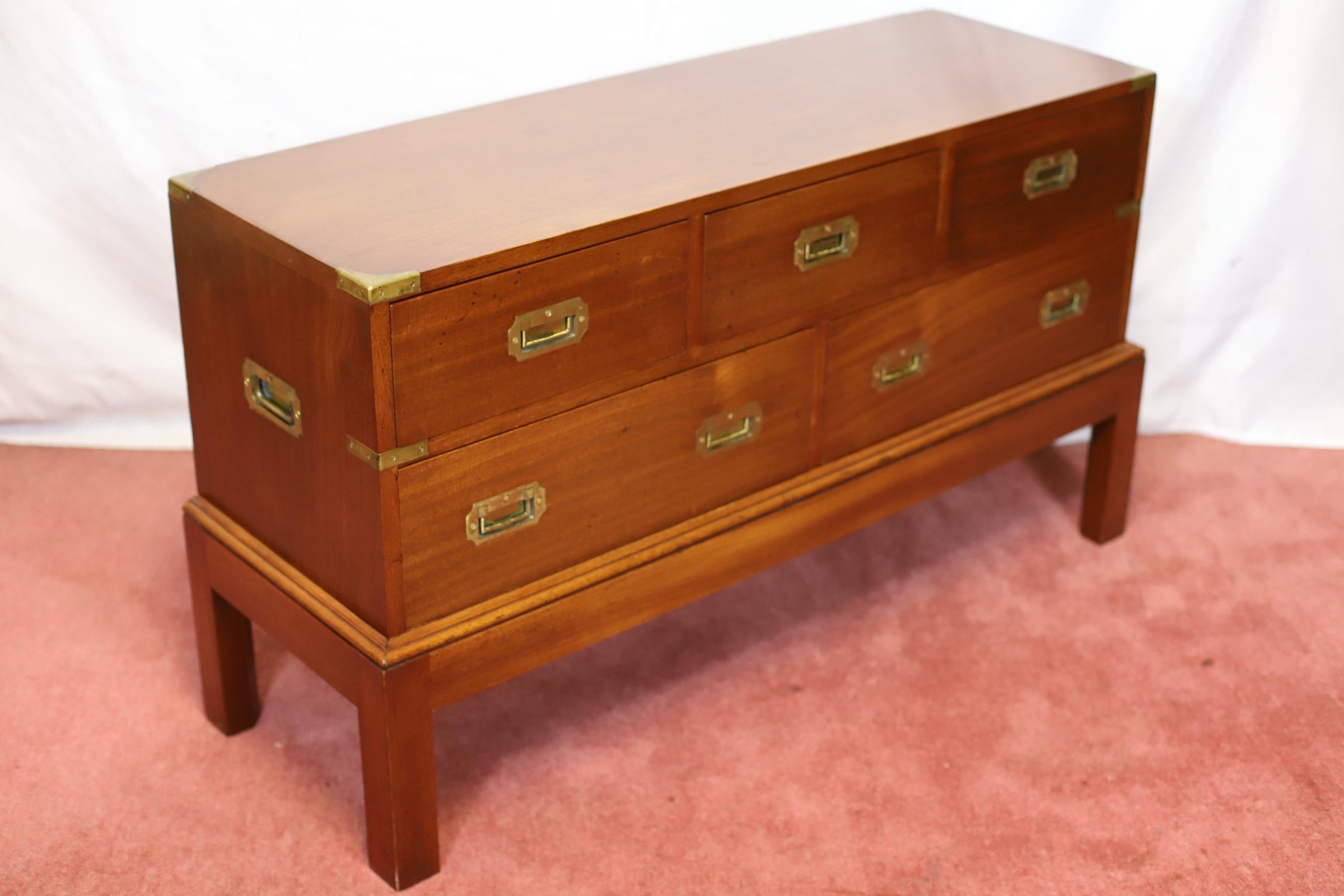 British Lovely Oak  And Brass Bound Military Campaign Style Low Chest Of Drawers For Sale