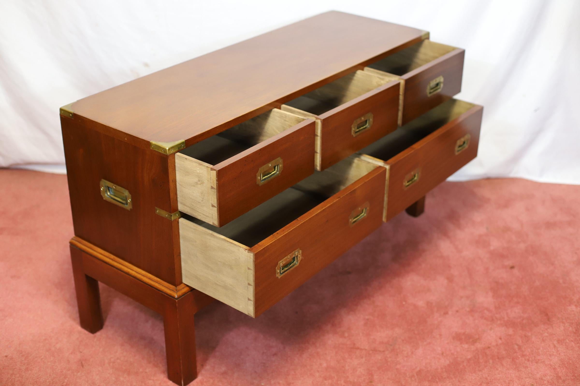 Lovely Oak  And Brass Bound Military Campaign Style Low Chest Of Drawers For Sale 1