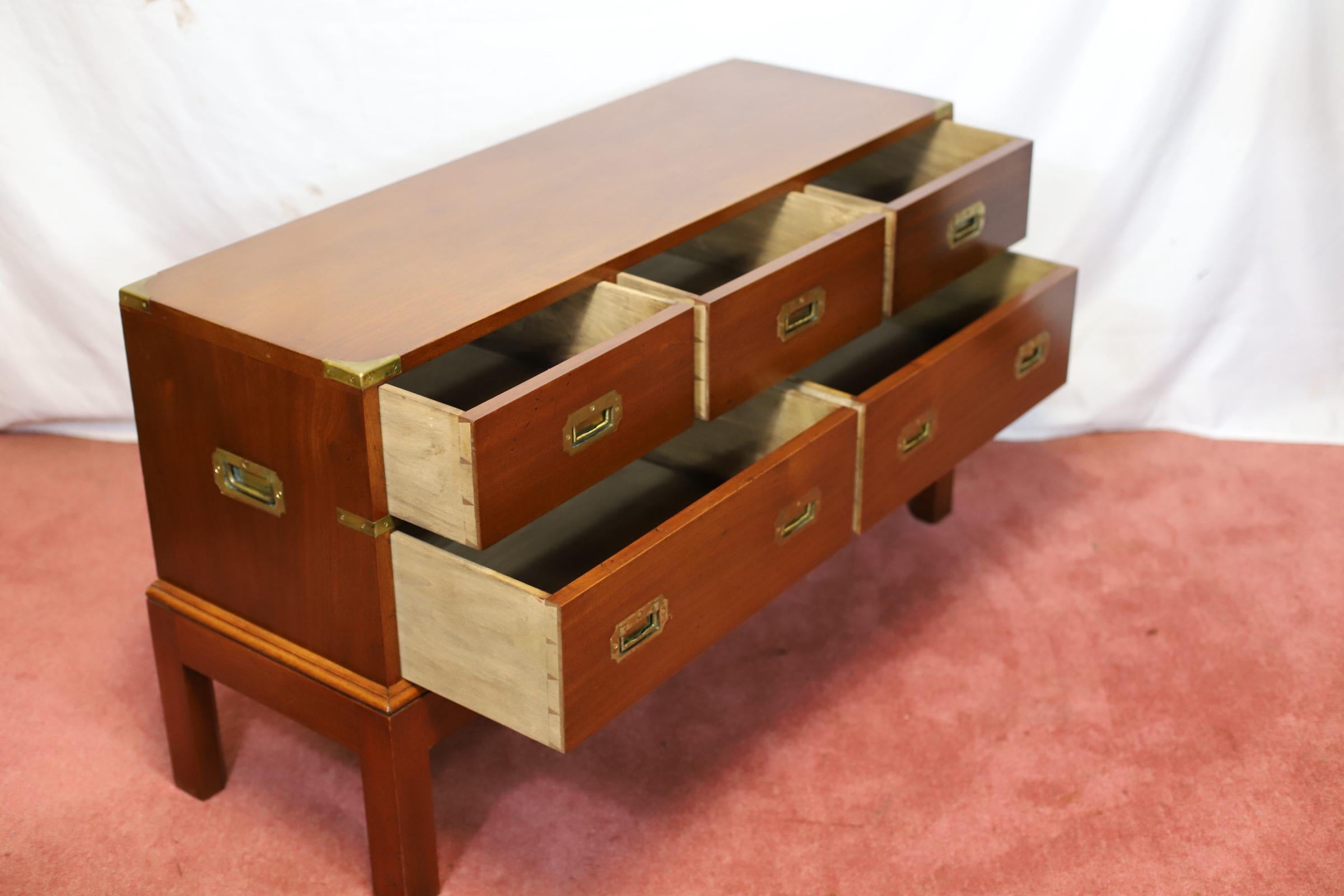 Lovely Oak  And Brass Bound Military Campaign Style Low Chest Of Drawers For Sale 2