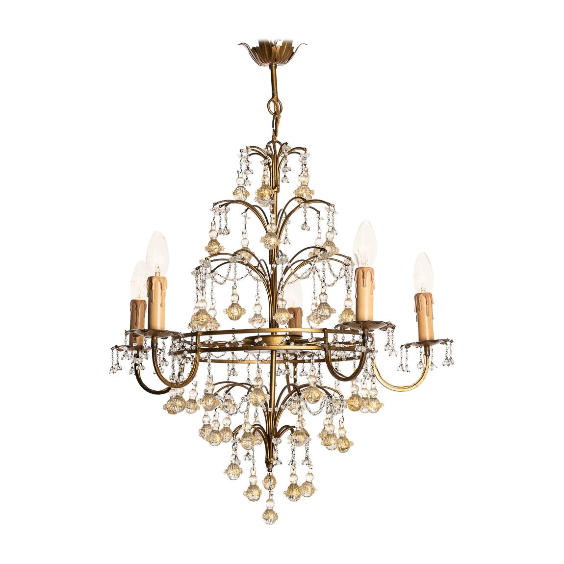 Lovely Old Venetian Chandelier, Gold Color Glass Pendants
