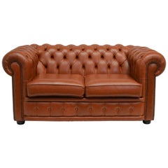 Lovely Original Chesterfield Two-Seat Sofa in Cognac Color Leather