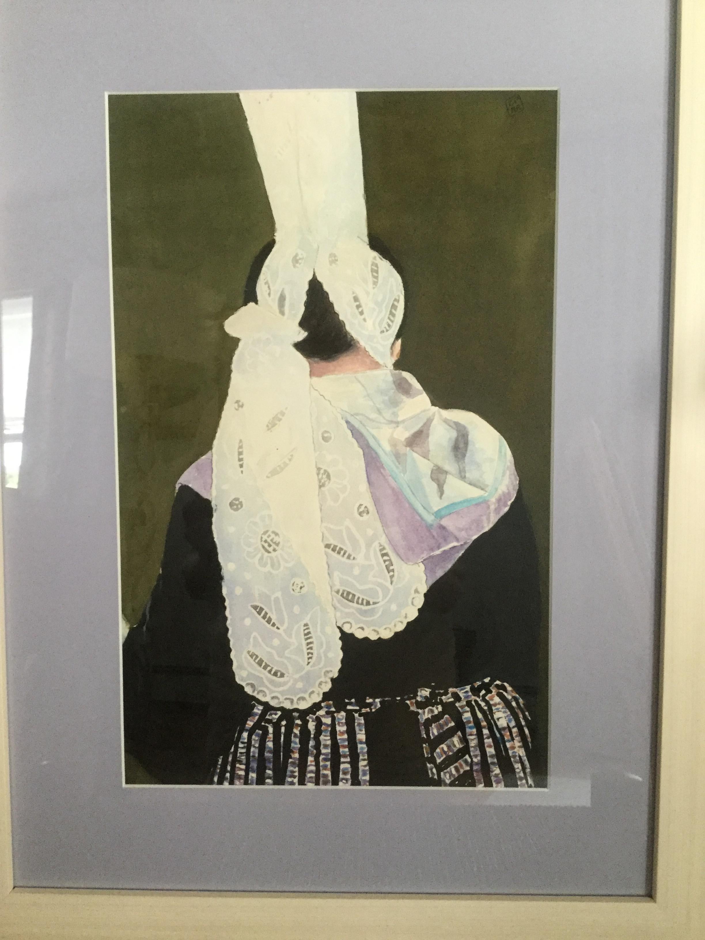 Lovely Original French Watercolor of Brittany Woman In Excellent Condition In Hopewell, NJ