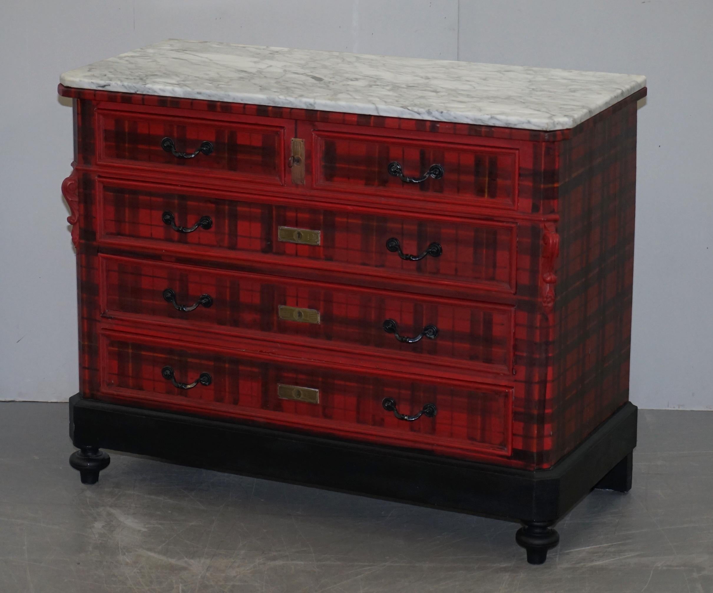 High Victorian Lovely Original Victorian Chest of Drawers with Scottish Tartan Wrap, Marble Top For Sale