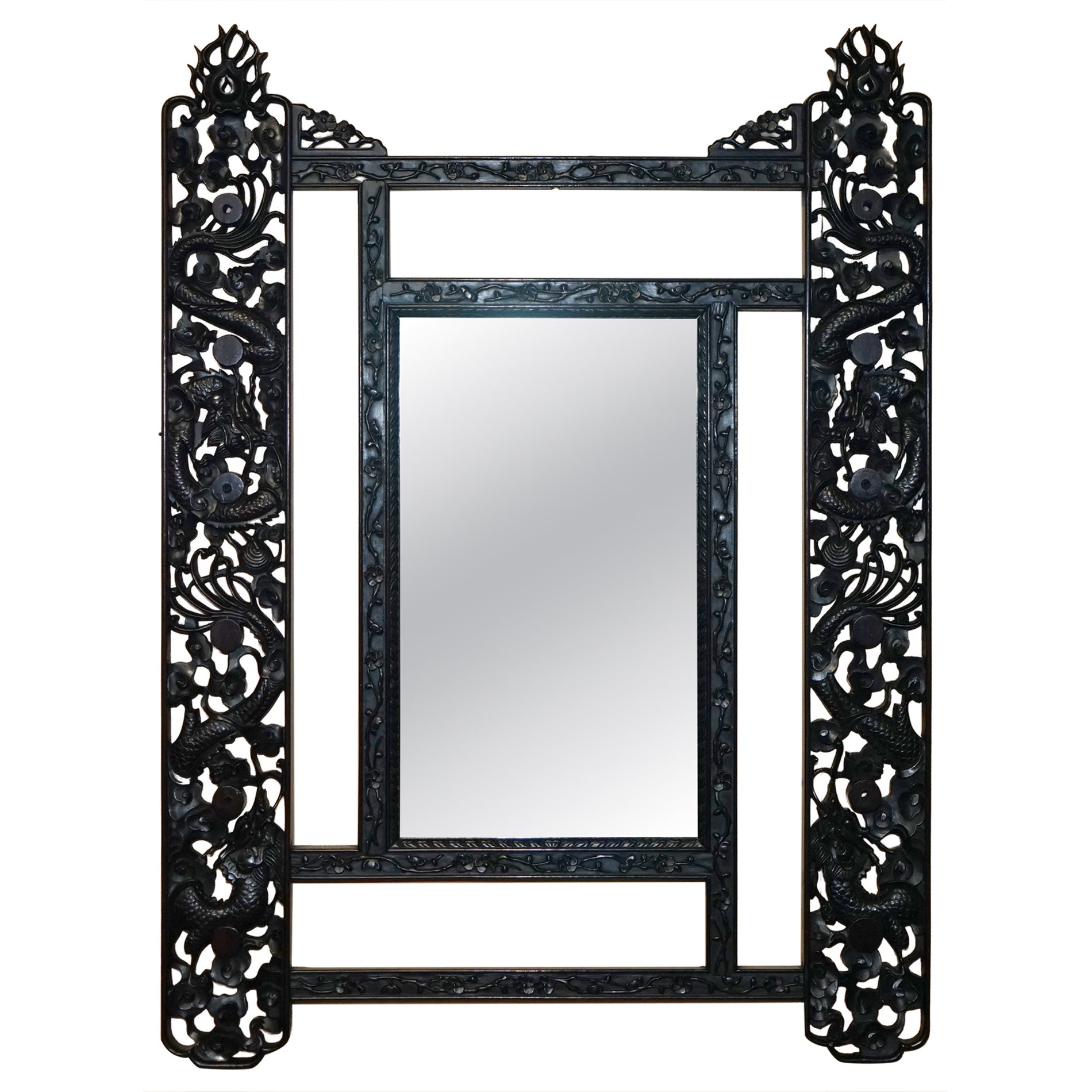 Bellissimo specchio da parete con drago cinese intagliato in modo originale, con placca originale