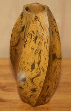 LOVELY ORNATELY SCULPTED OLiVE WOOD SPIRAL FLOWER VASE MUST SEE TIMBER PATINA!