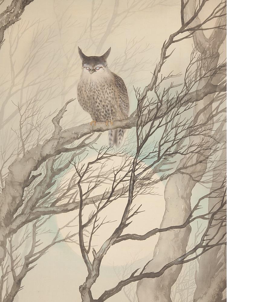 Lovely Owl at Night Nihonga Scene Taisho/Showa Period Scroll Japan Artist 1