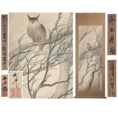 Vintage Lovely Owl at Night Nihonga Scene Taisho/Showa Period Scroll Japan Artist