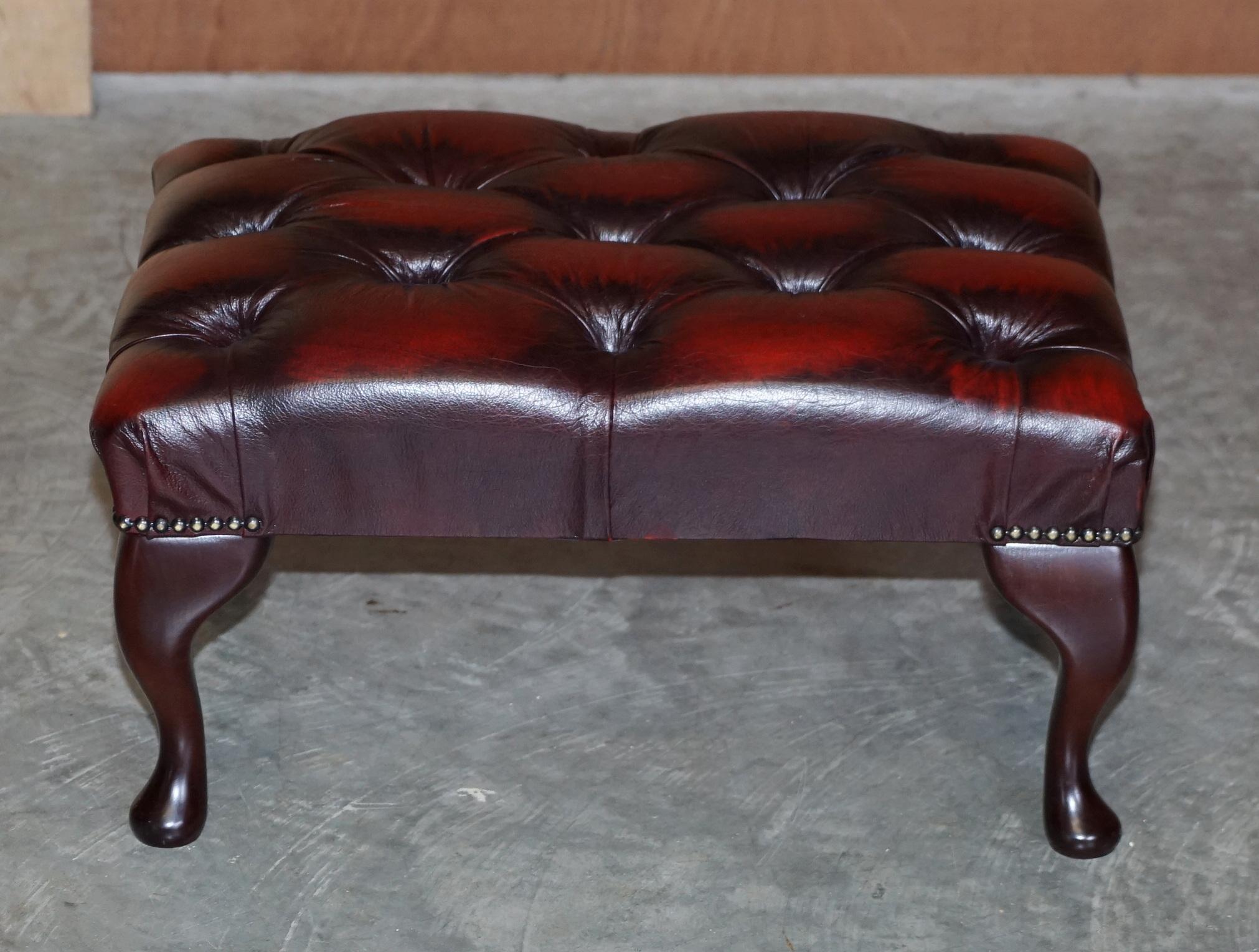 We are delighted to offer this nice vintage style Oxblood Leather Chesterfield footstool

A good looking well made and comfortable stool, it can be used for one or two pairs of feet, it has the original finish

Condition wise we have deep