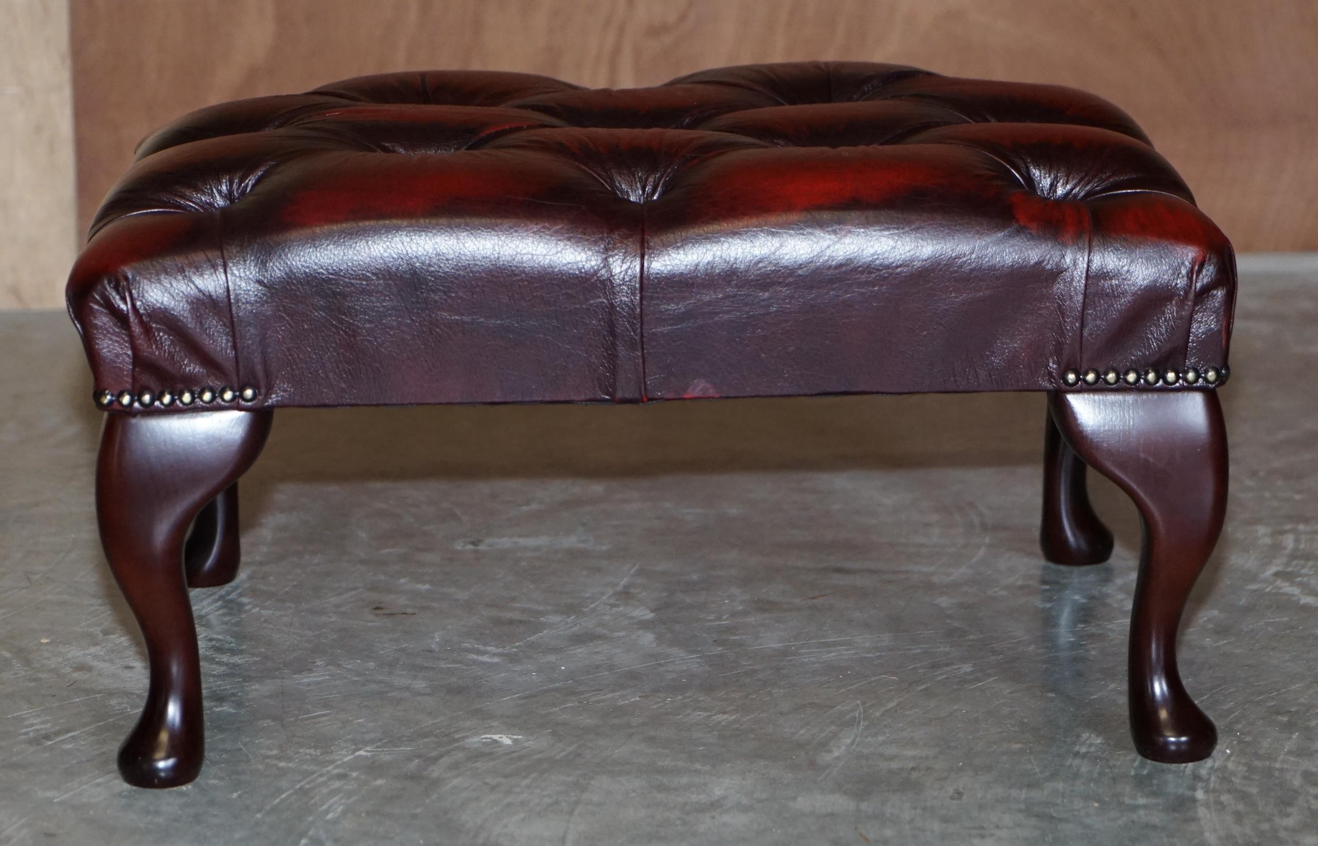 English Lovely Oxblood Leather Chesterfield Footstool Ottoman Beech Wood Cabriolet Legs