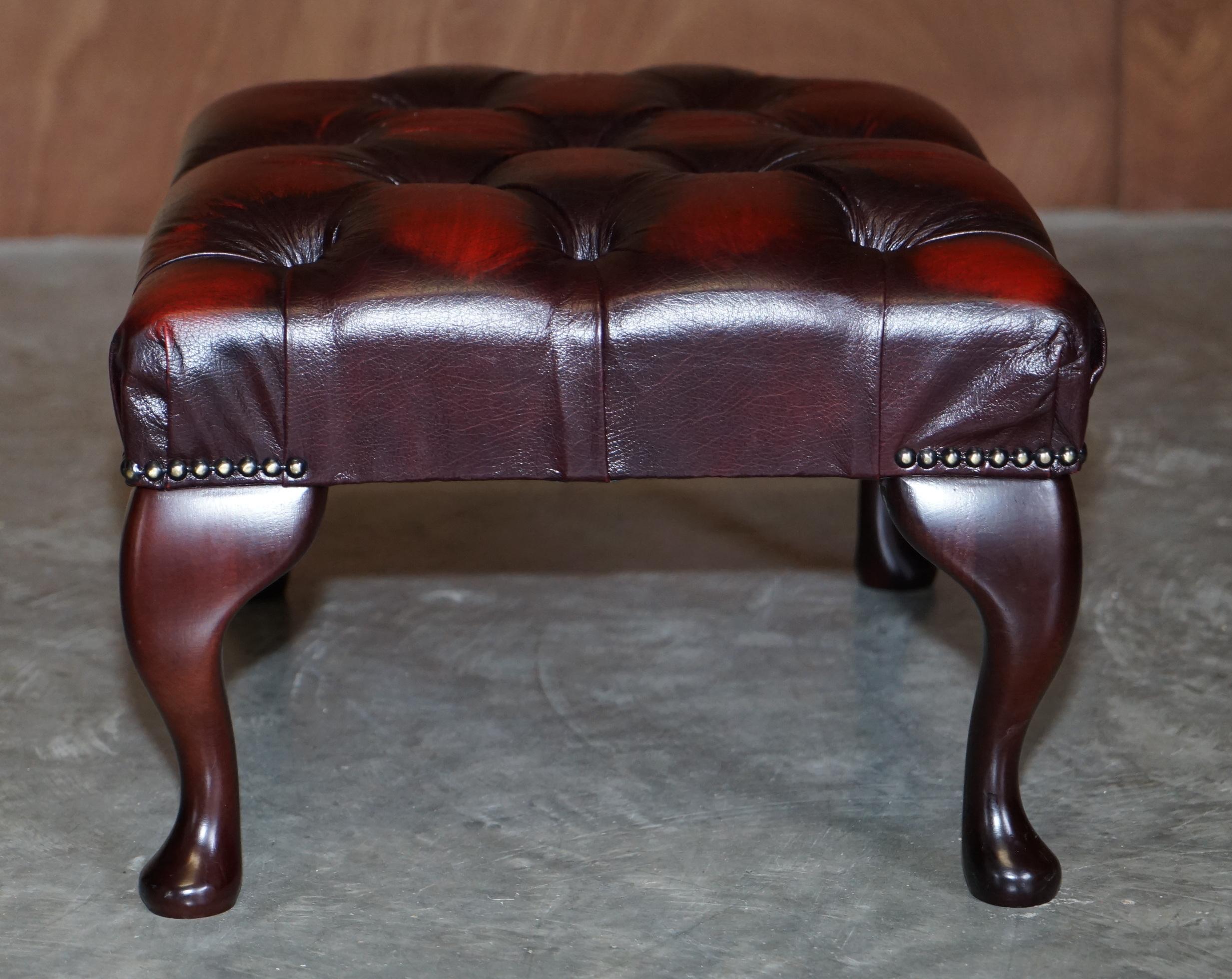 20th Century Lovely Oxblood Leather Chesterfield Footstool Ottoman Beech Wood Cabriolet Legs