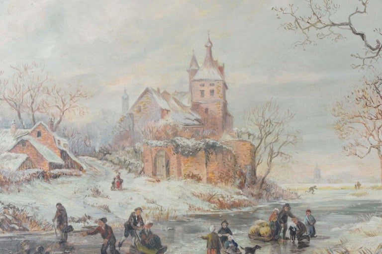 Lovely Painting Early 20th Century Dutch Winter Landscape in 17th Century Style For Sale 5