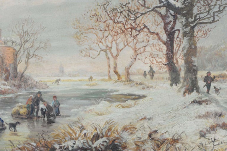 Lovely Painting Early 20th Century Dutch Winter Landscape in 17th Century Style For Sale 11