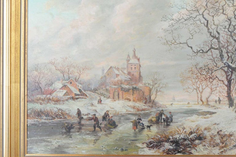 Lovely Painting Early 20th Century Dutch Winter Landscape in 17th Century Style For Sale 14