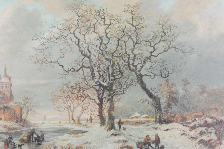 Lovely Painting Early 20th Century Dutch Winter Landscape in 17th Century Style For Sale 15