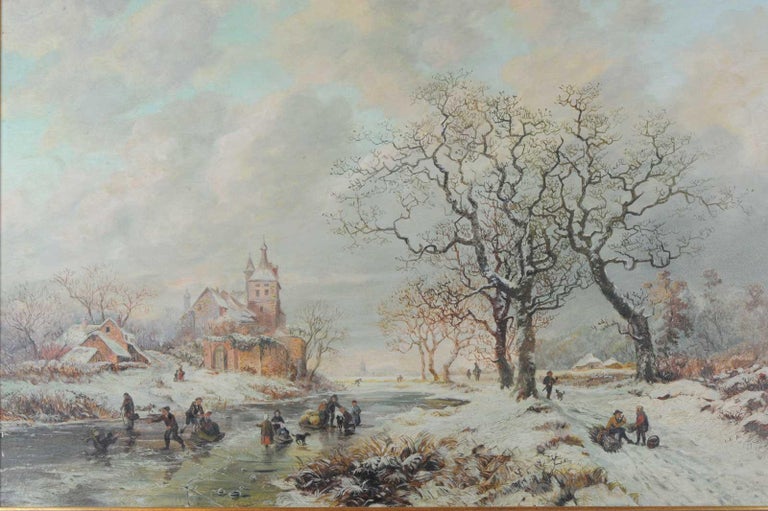 Romantic Lovely Painting Early 20th Century Dutch Winter Landscape in 17th Century Style For Sale